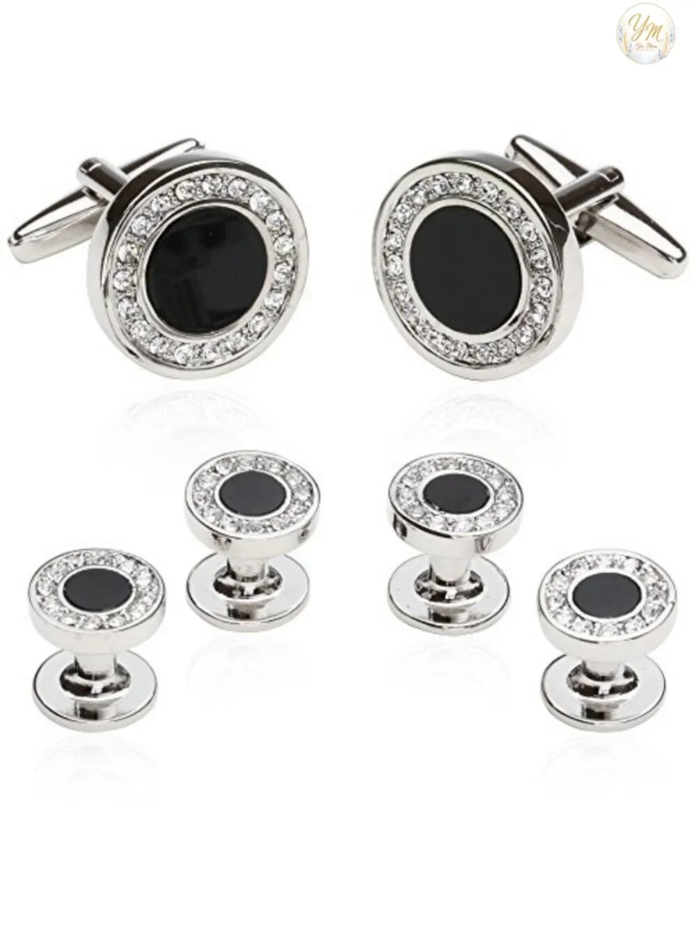 Black Onyx Crystal Silver Cufflinks & Studs Formal Set with Box